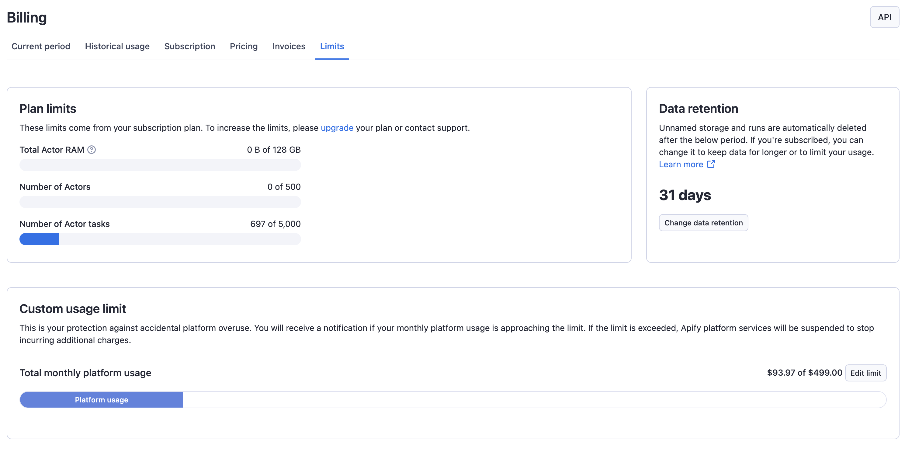 Apify Console limits view